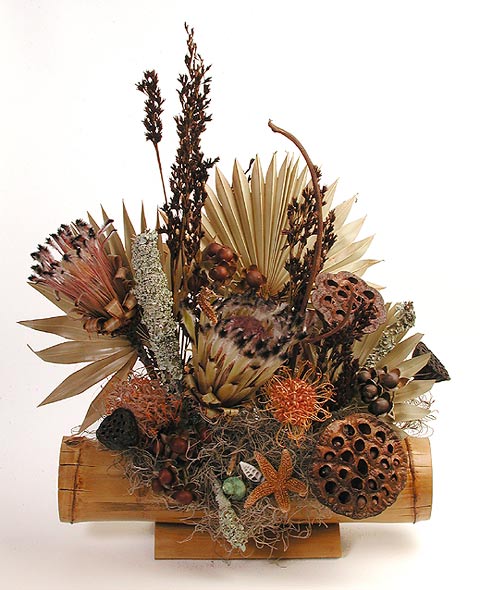 Tropical Dried Flower Arrangement in Bamboo